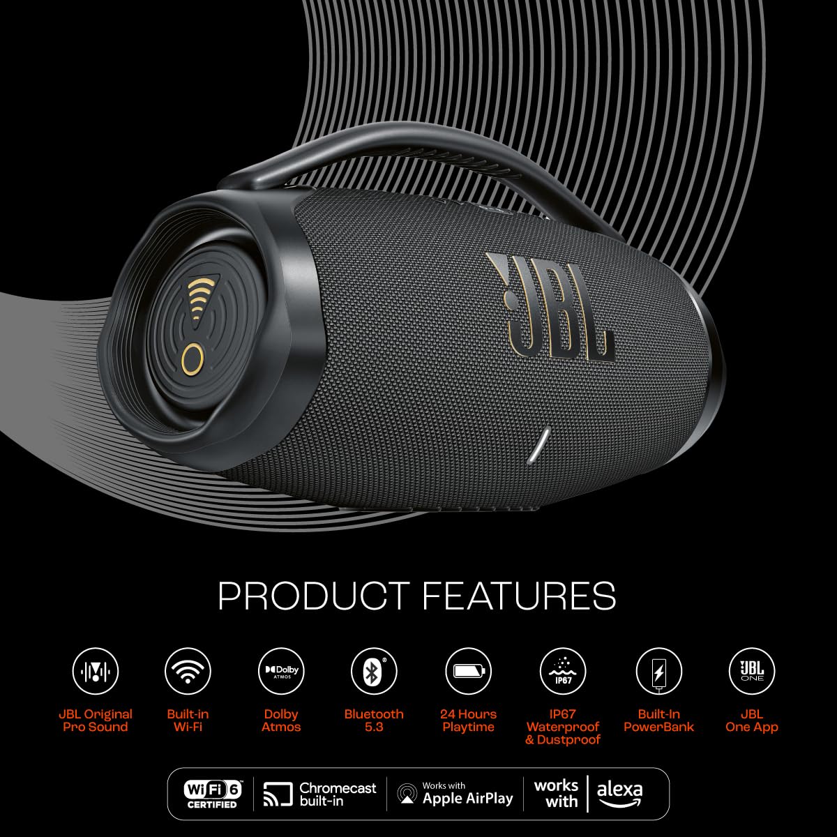 JBL Boombox 3 Wi-Fi, Wireless Portable Bluetooth Speaker, 24H Playtime, Deepest Bass, Built-in Powerbank, Wi-Fi with AirPlay, Alexa Multi-Room, Chromecast Built-in™, PartyBoost, IP67, App (Black) JBL Boombox 3 Wi-Fi, Wireless Portable Bluetooth Speaker, 24H Playtime, Deepest Bass, Built-in Powerbank, Wi-Fi with AirPlay, Alexa Multi-Room, Chromecast Built-in™, PartyBoost, IP67, App (Black)