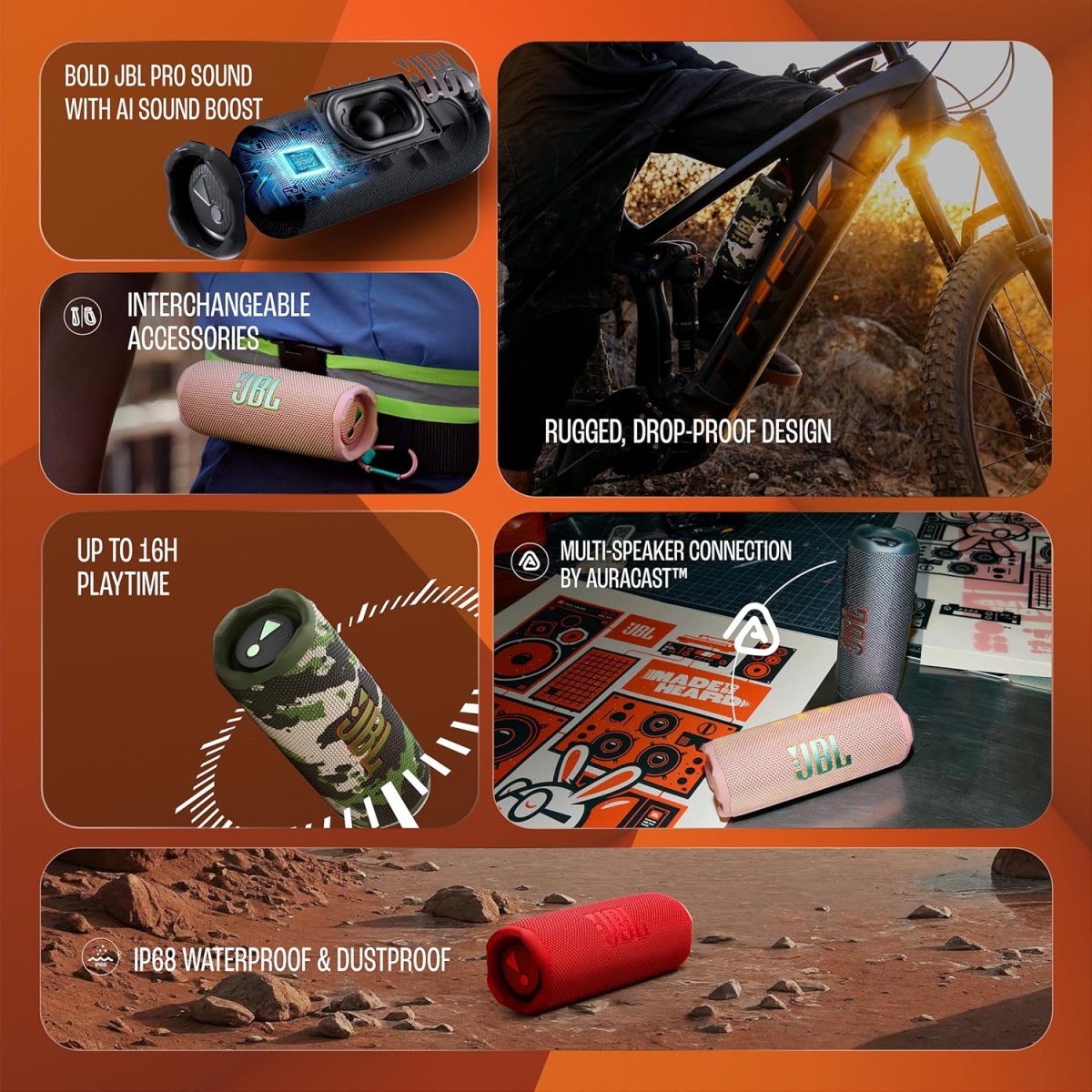 JBL Flip 7 Wireless Portable Bluetooth Speaker,Bold Pro Sound with AI Sound Boost,16Hrs of Playtime, IP68 Water & Dustproof, Multi-Speaker Connection by Auracast, Personalization App (Black & Orange) JBL Flip 7 Wireless Portable Bluetooth Speaker,Bold Pro Sound with AI Sound Boost,16Hrs of Playtime, IP68 Water & Dustproof, Multi-Speaker Connection by Auracast, Personalization App (Black & Orange)