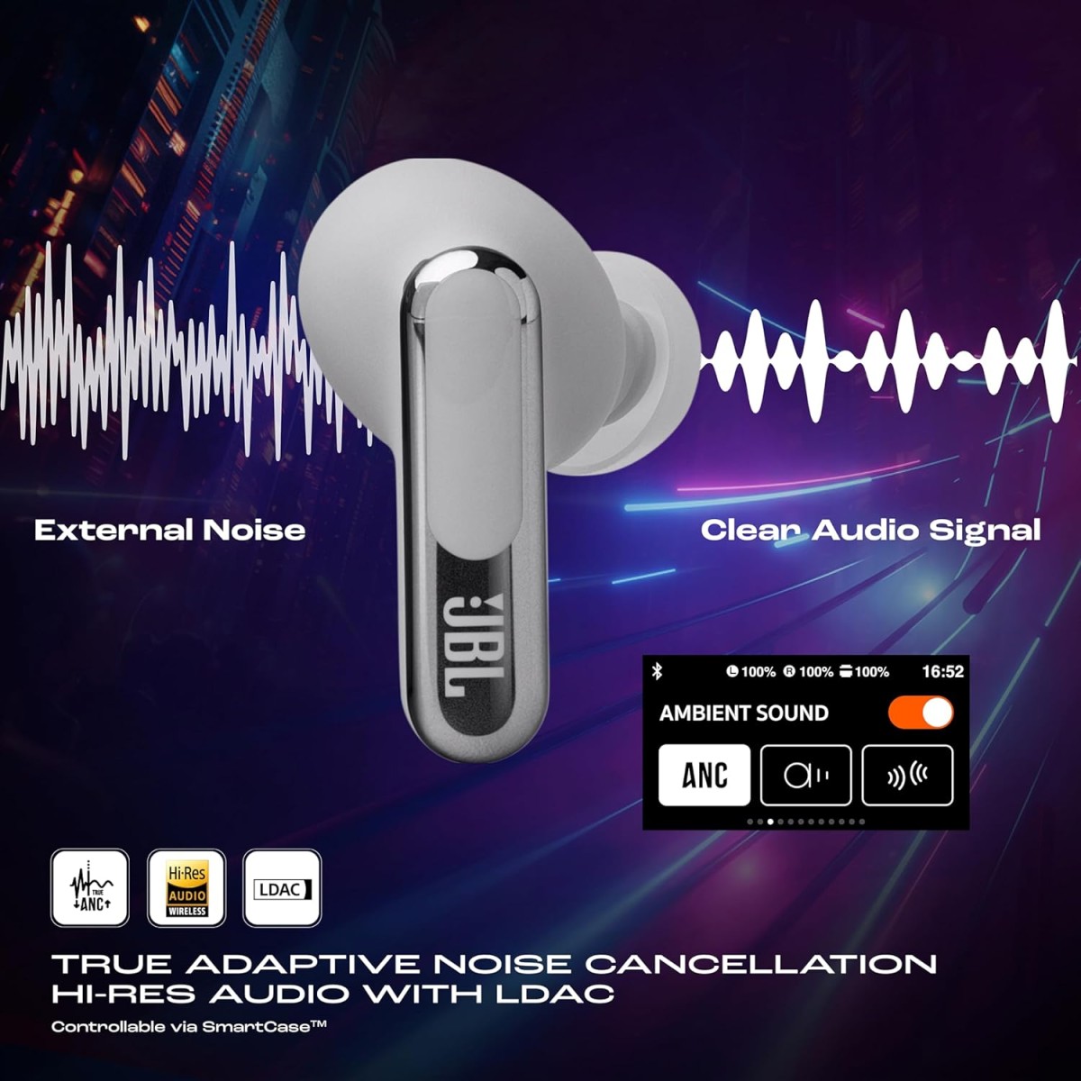 JBL Live Beam 3, Hi-Res Audio True ANC TWS Wireless Headphones, 48H Playtime, Wireless Charging, 6 Mic, Multipoint Connection, IP55 Proof, Headphones App, Personi-Fi 3.0 (Silver)