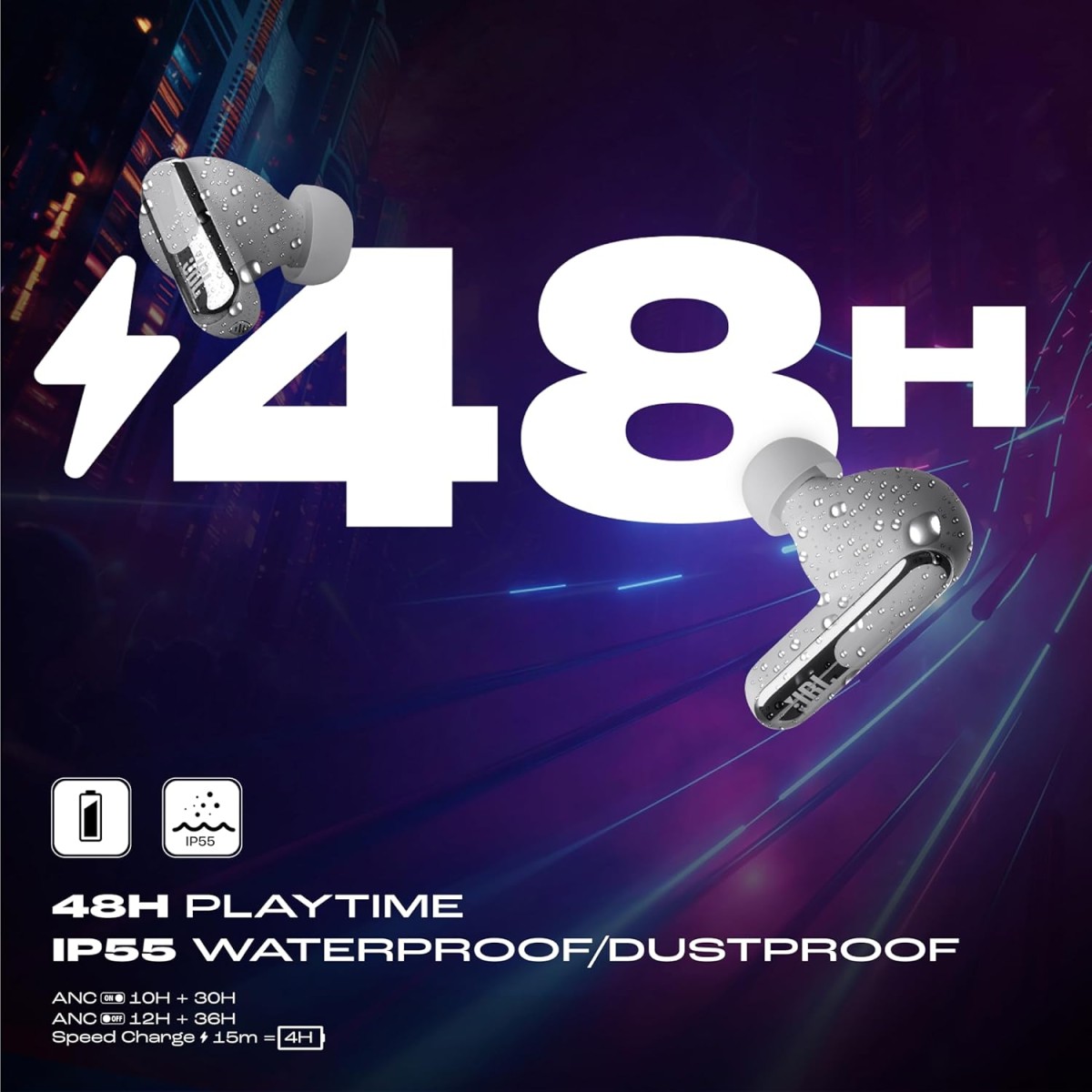 JBL Live Beam 3, Hi-Res Audio True ANC TWS Wireless Headphones, 48H Playtime, Wireless Charging, 6 Mic, Multipoint Connection, IP55 Proof, Headphones App, Personi-Fi 3.0 (Silver)