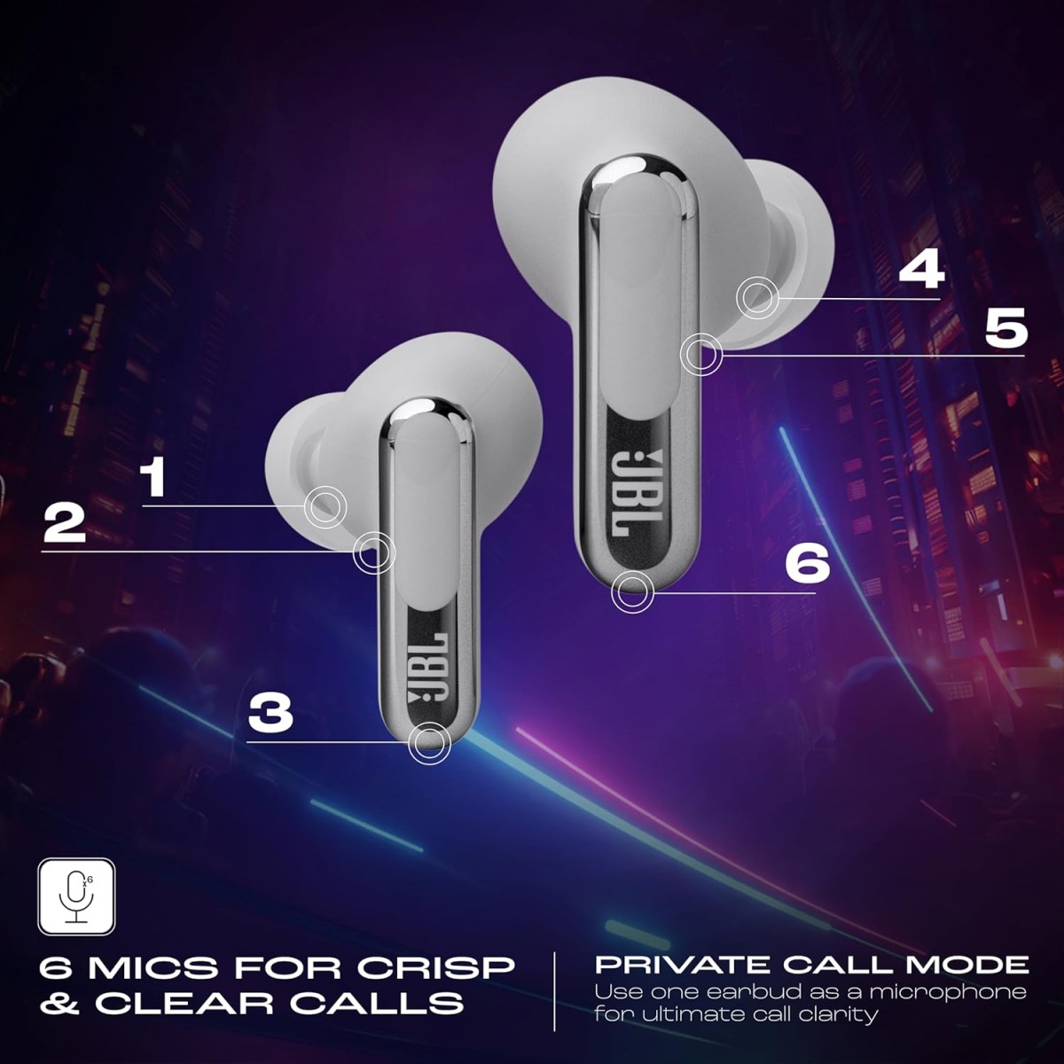 JBL Live Beam 3, Hi-Res Audio True ANC TWS Wireless Headphones, 48H Playtime, Wireless Charging, 6 Mic, Multipoint Connection, IP55 Proof, Headphones App, Personi-Fi 3.0 (Silver)