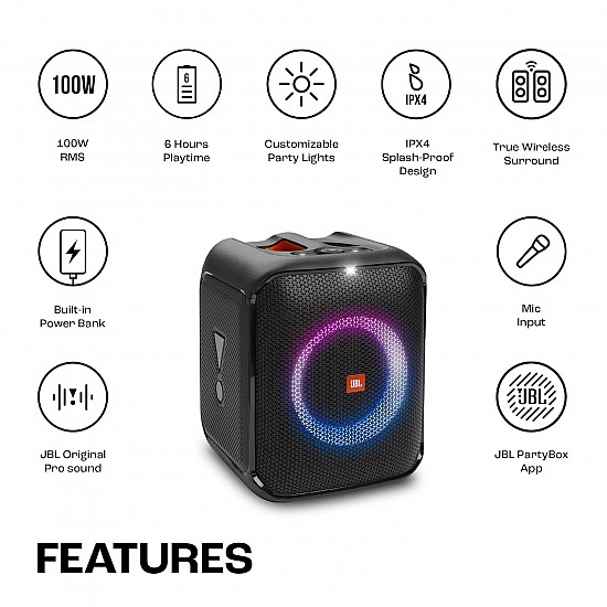 JBL Partybox Encore Essential | Portable Bluetooth Party Speaker | 100W Monstrous Pro Sound | Dynamic Light Show | Upto 6Hrs Playtime | Built-in Powerbank | Mic Support PartyBox App (Black)