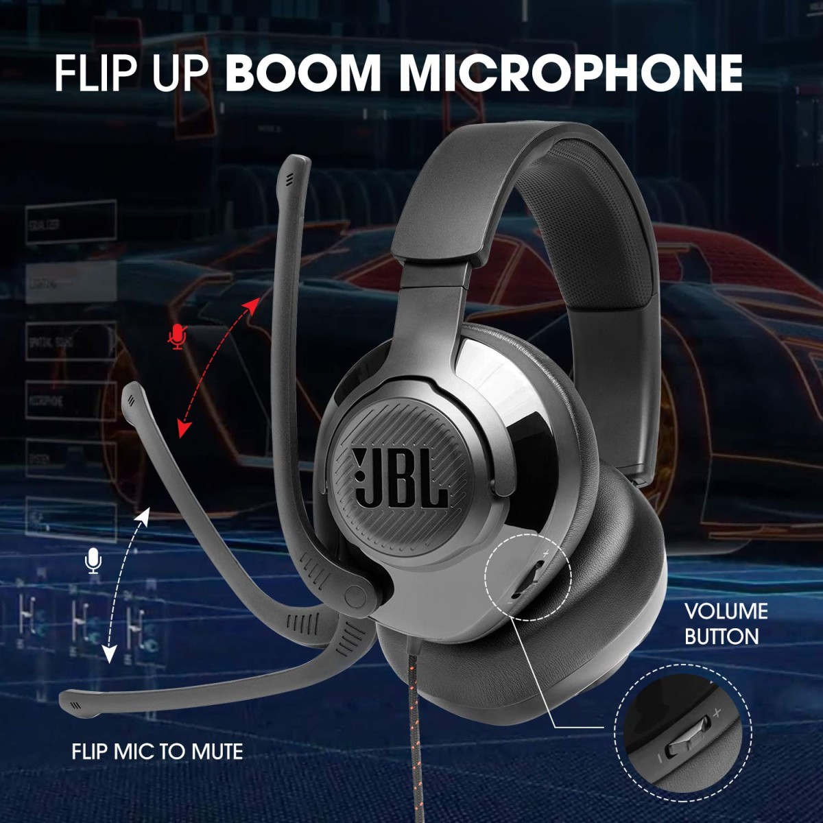 JBL Quantum 300, Wired Over Ear Gaming Headphones with Flip-up Boom Mic (Black)