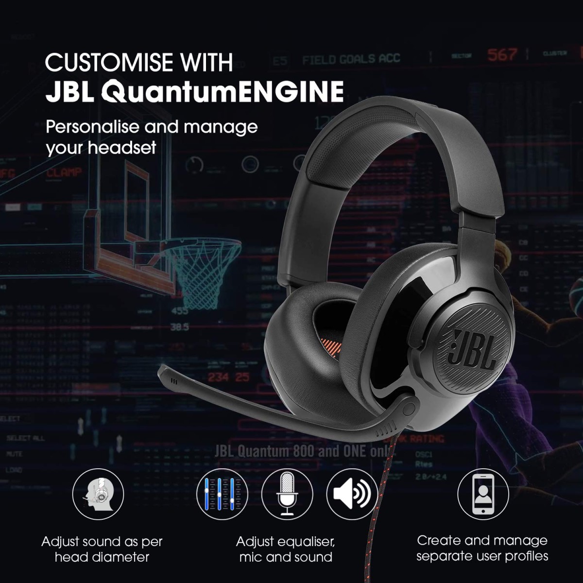 JBL Quantum 300, Wired Over Ear Gaming Headphones with Flip-up Boom Mic (Black)
