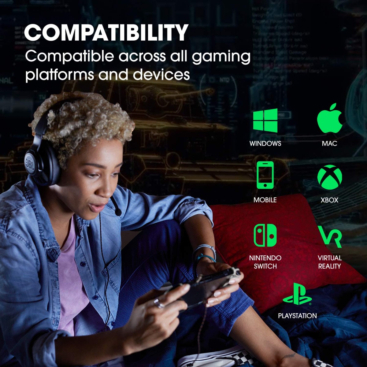 JBL Quantum 300, Wired Over Ear Gaming Headphones with Flip-up Boom Mic (Black)