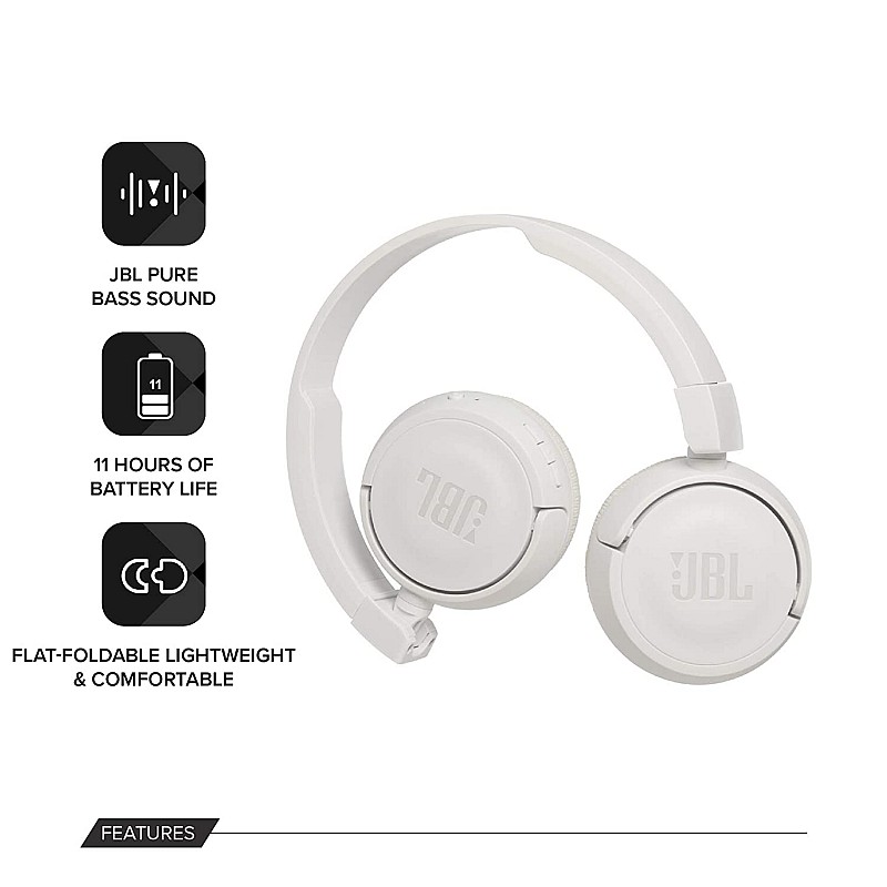 JBL T450BT Extra Bass Wireless On-Ear Headphones with Mic (White)