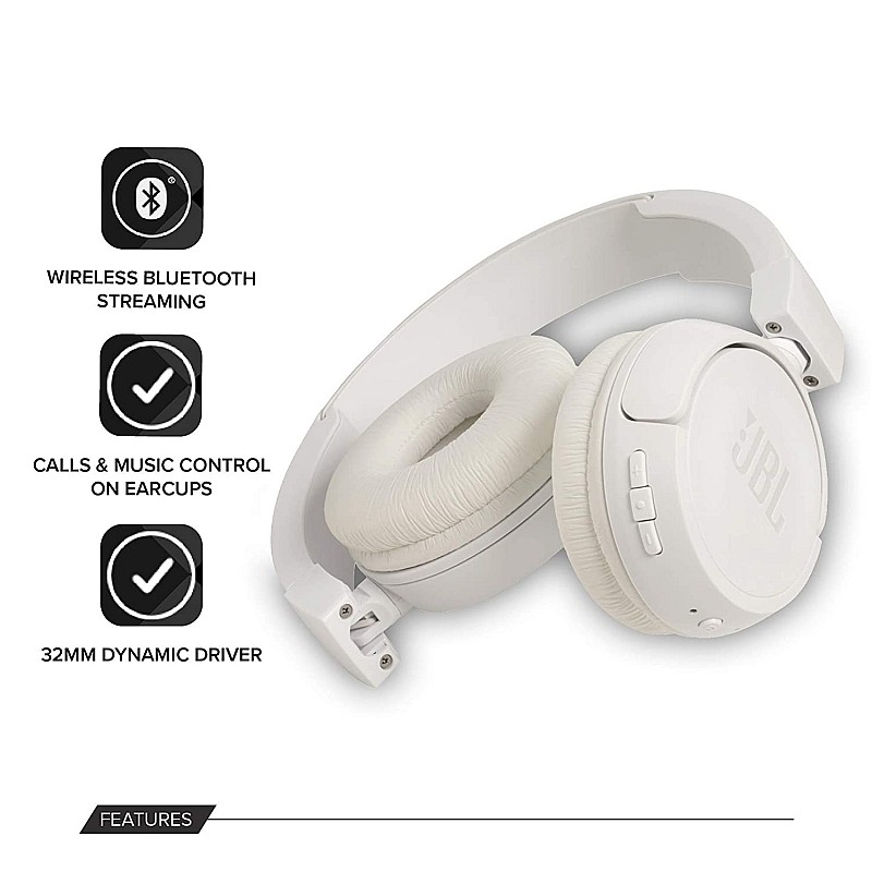 JBL T450BT Extra Bass Wireless On-Ear Headphones with Mic (White)