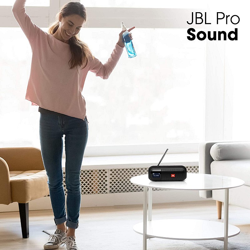 JBL Tuner2 by Harman Portable Bluetooth Speaker with FM Radio, 12 Hours of Playtime, IPX7 Waterproof and LCD Display (5W, Black)