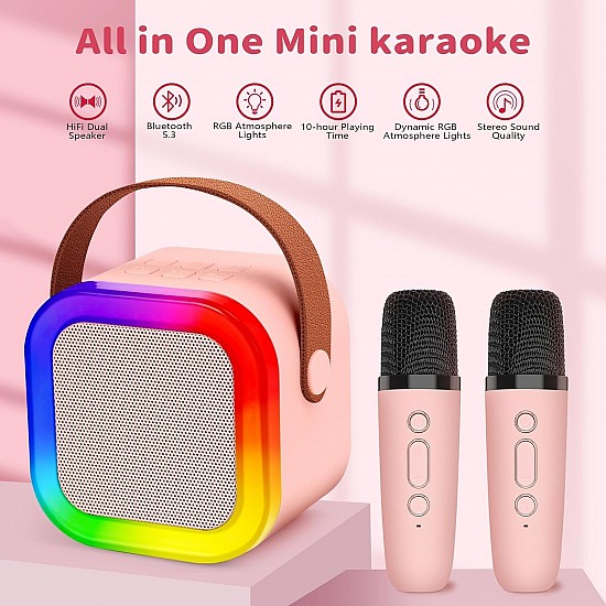 JUDKIOM Mini Karaoke Machine for Kids Gifts Adults (Cute Little & Portable) Bluetooth Speaker with 2 Wireless Microphones Birthday Gifts for Girls 3-12 Years Old Toddler (Beige K-12 Double MIC)