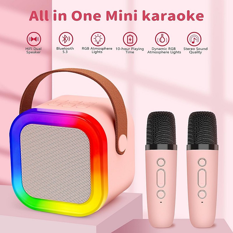 Airtree Mini Karaoke Machine for Kids Gifts Adults (Cute Little & Portable) Bluetooth Speaker with 2 Wireless Microphones Birthday Gifts for Girls 3-12 Years Old Toddler (Beige K-12 Double MIC)