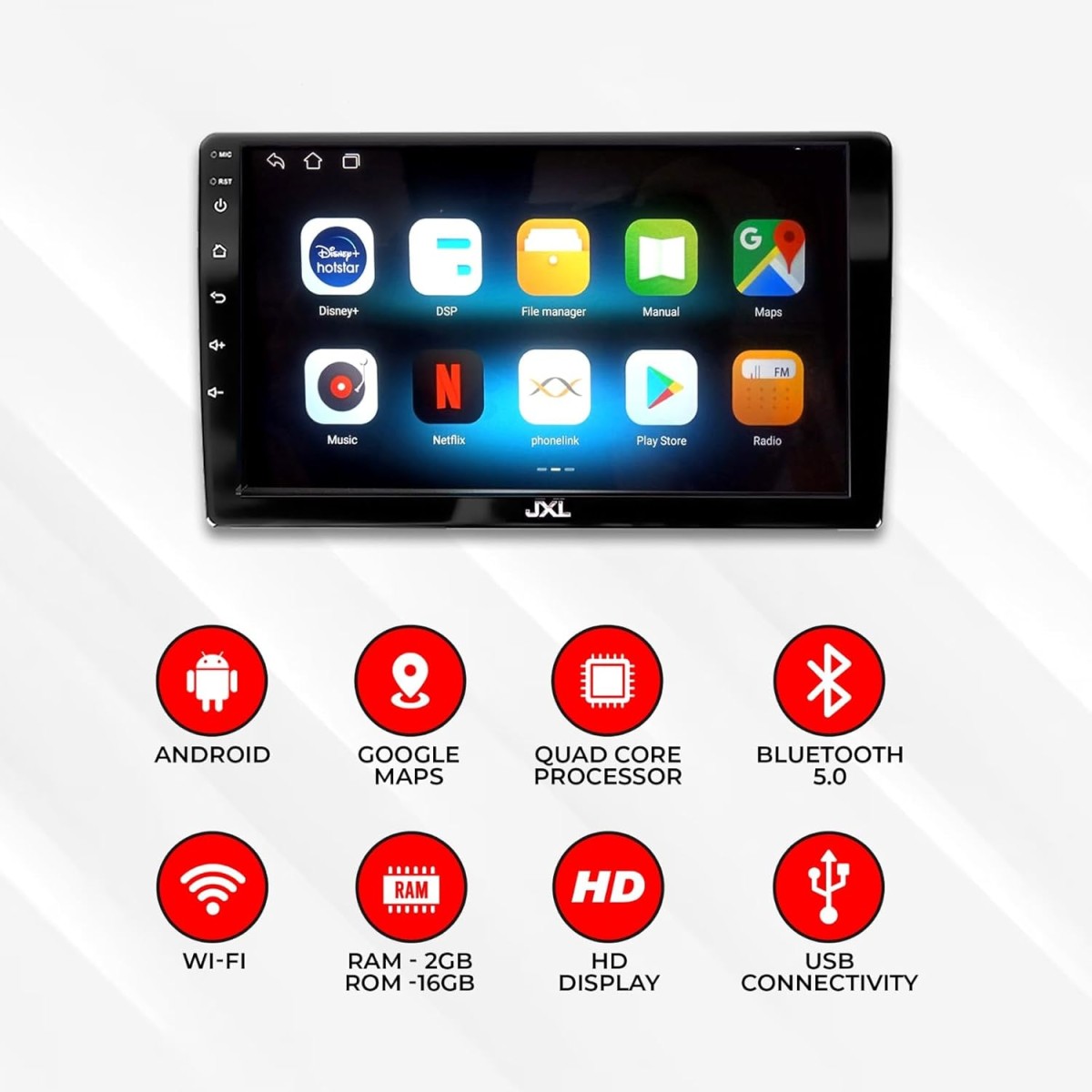 JXL 10 Inch Car Android Double Din Player 2GB/32GB Capacitive Touch Screen Quad Core Proceessor 1280P HD Screen, Latest Android Version 10.1 BT 5.0, Wi-Fi, GPS, USB 2.0, Navigation 2GB/32GB
