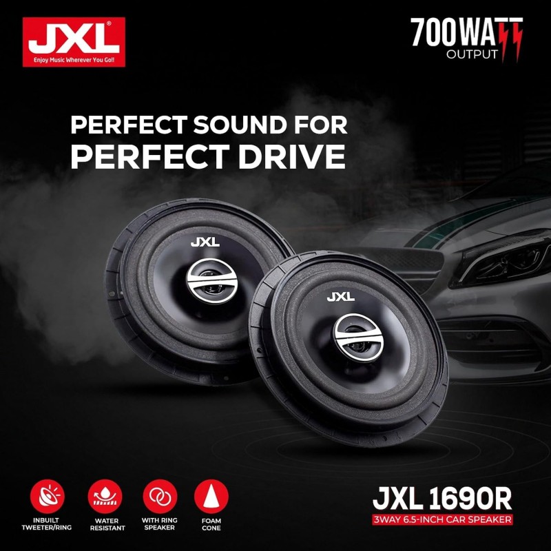 JXL 1690 R Three Way 6.5 Inches Coaxial High Bass Speaker for Car with Imported Rubber Foam Edge Cone 700W MAX Power with Ring/Water Resistant(Black)