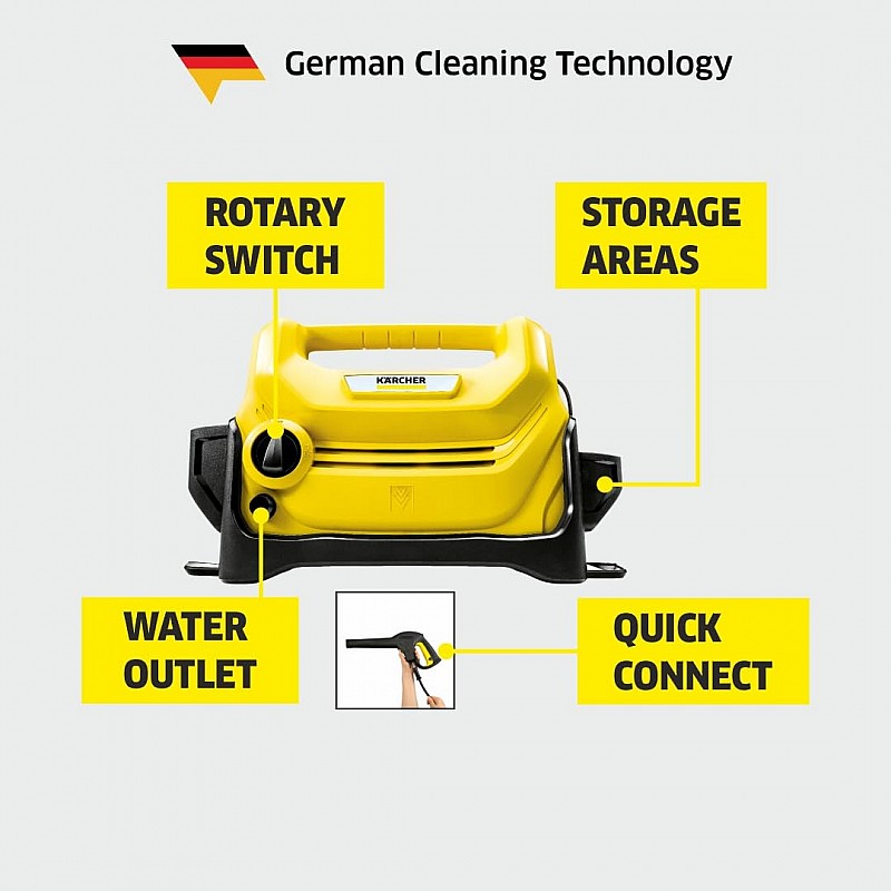 KARCHER High Pressure Washer K 2 Horizontal | 1400 W | 110 Bars | 360 l/h Flow Rate | 6m Outlet Hose | for Car, Bike, Home & Garden | Multiple Accessories | German Tech