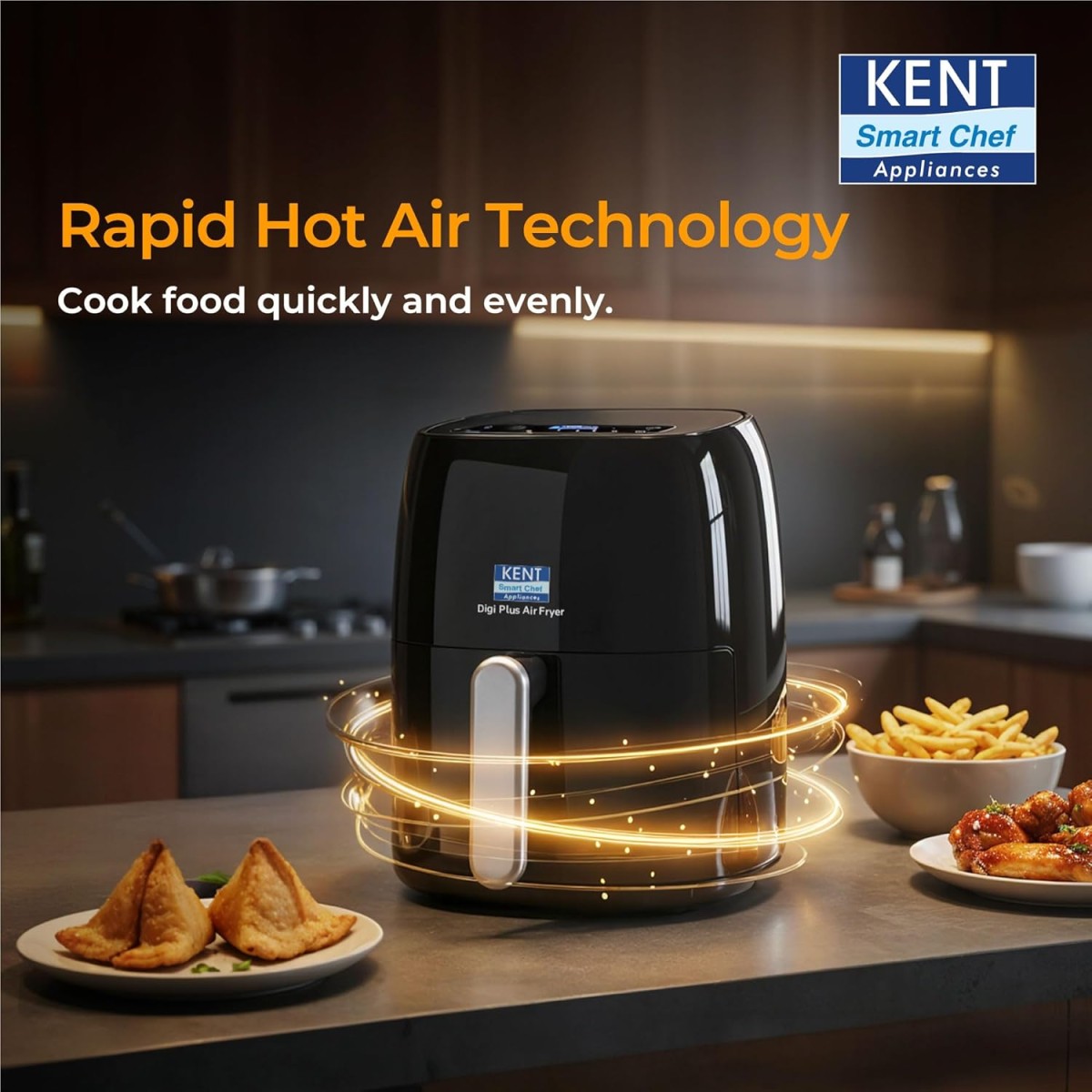 KENT Digi Plus Air Fryer | 4L Capacity & 1300W | Fry, Grill, Roast & Bake | Digital Display & Touch Control Panel | Rapid Heating | 80% Less Oil Usage | High Temperature & Uniform Heating | Black
