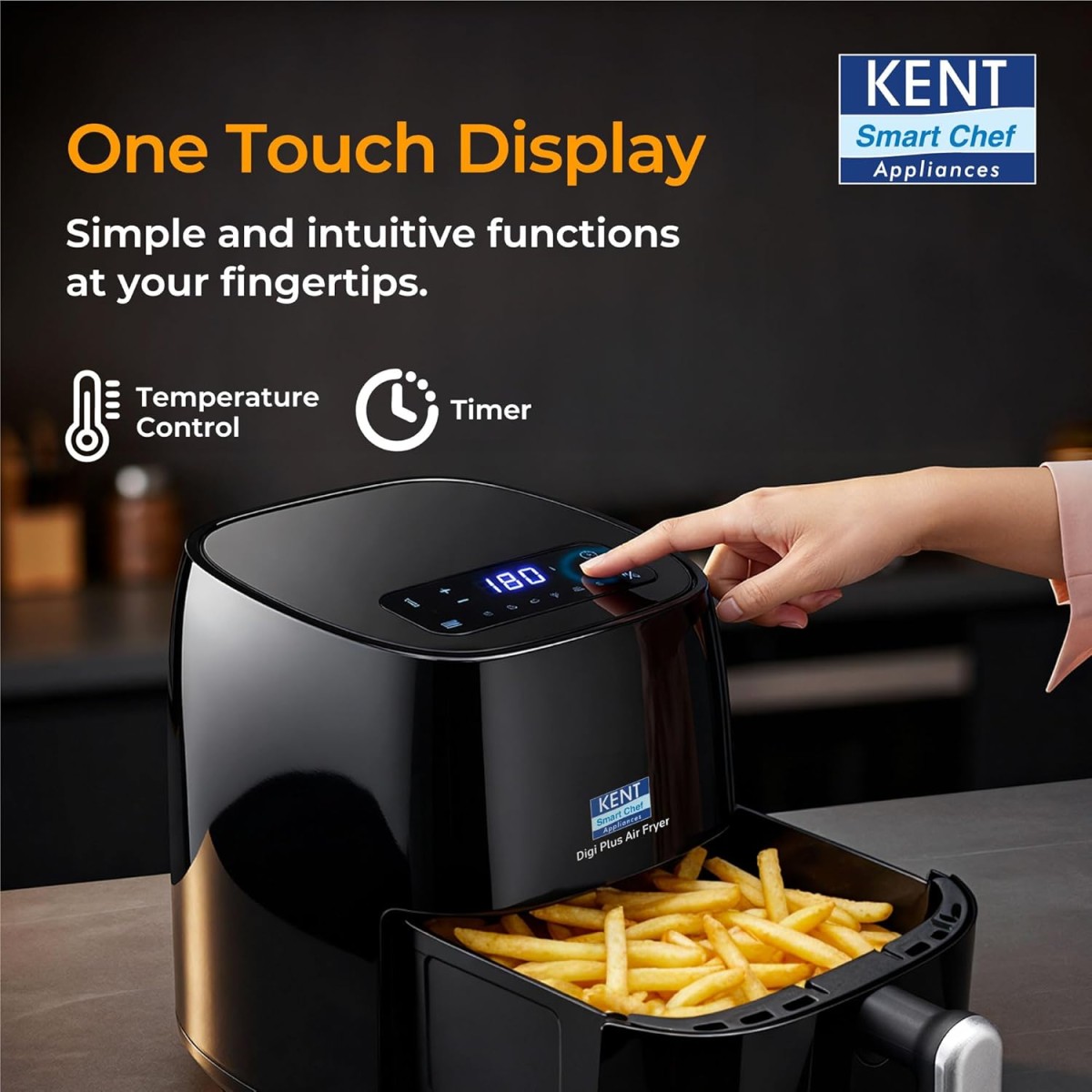 KENT Digi Plus Air Fryer | 4L Capacity & 1300W | Fry, Grill, Roast & Bake | Digital Display & Touch Control Panel | Rapid Heating | 80% Less Oil Usage | High Temperature & Uniform Heating | Black