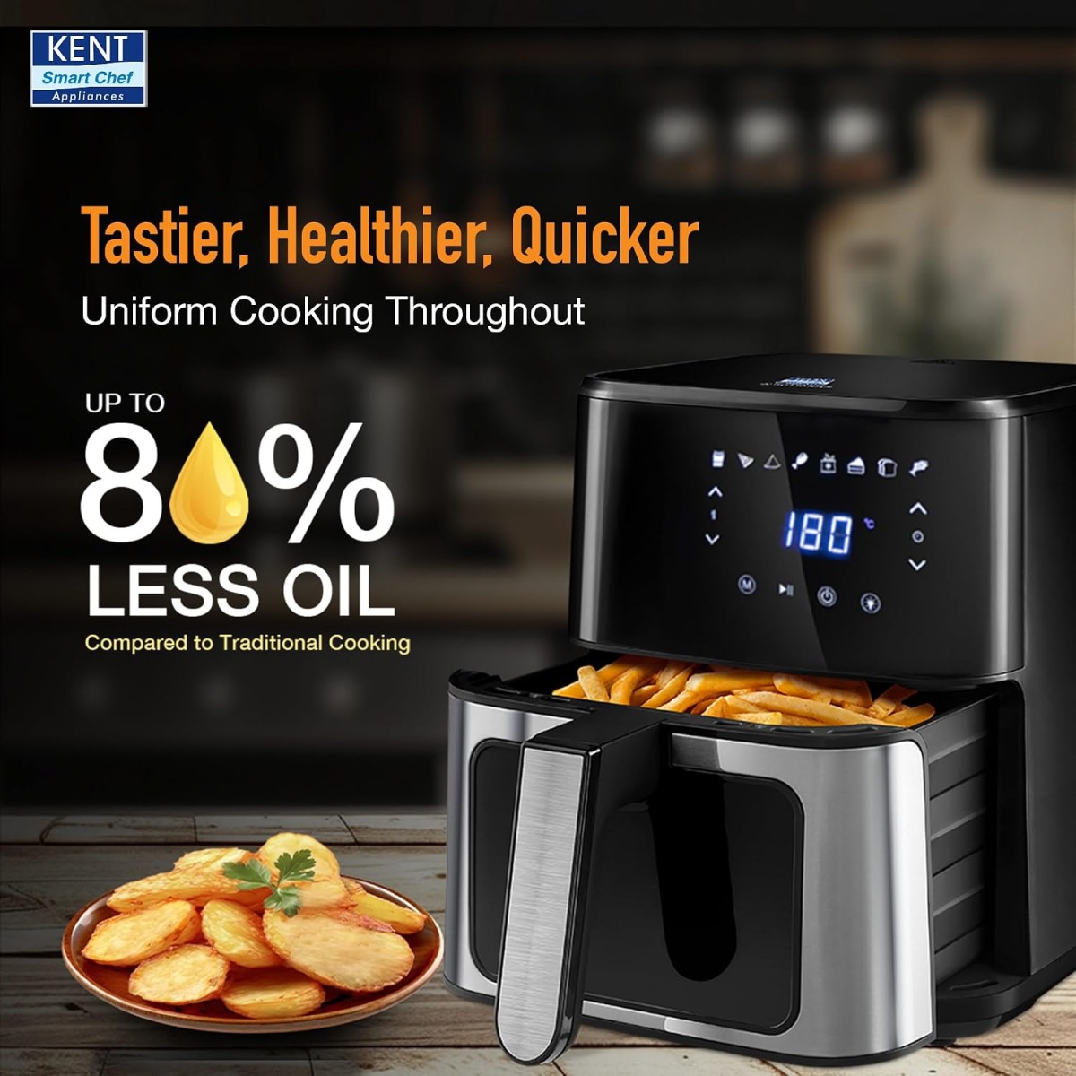 (Refurbished) KENT Digital Air Fryer 5L | 1400W | Bake, Grill & Roast | Up to 80% Less Oil Usage | 8 Preset Menu | Rapid Heat Circulation