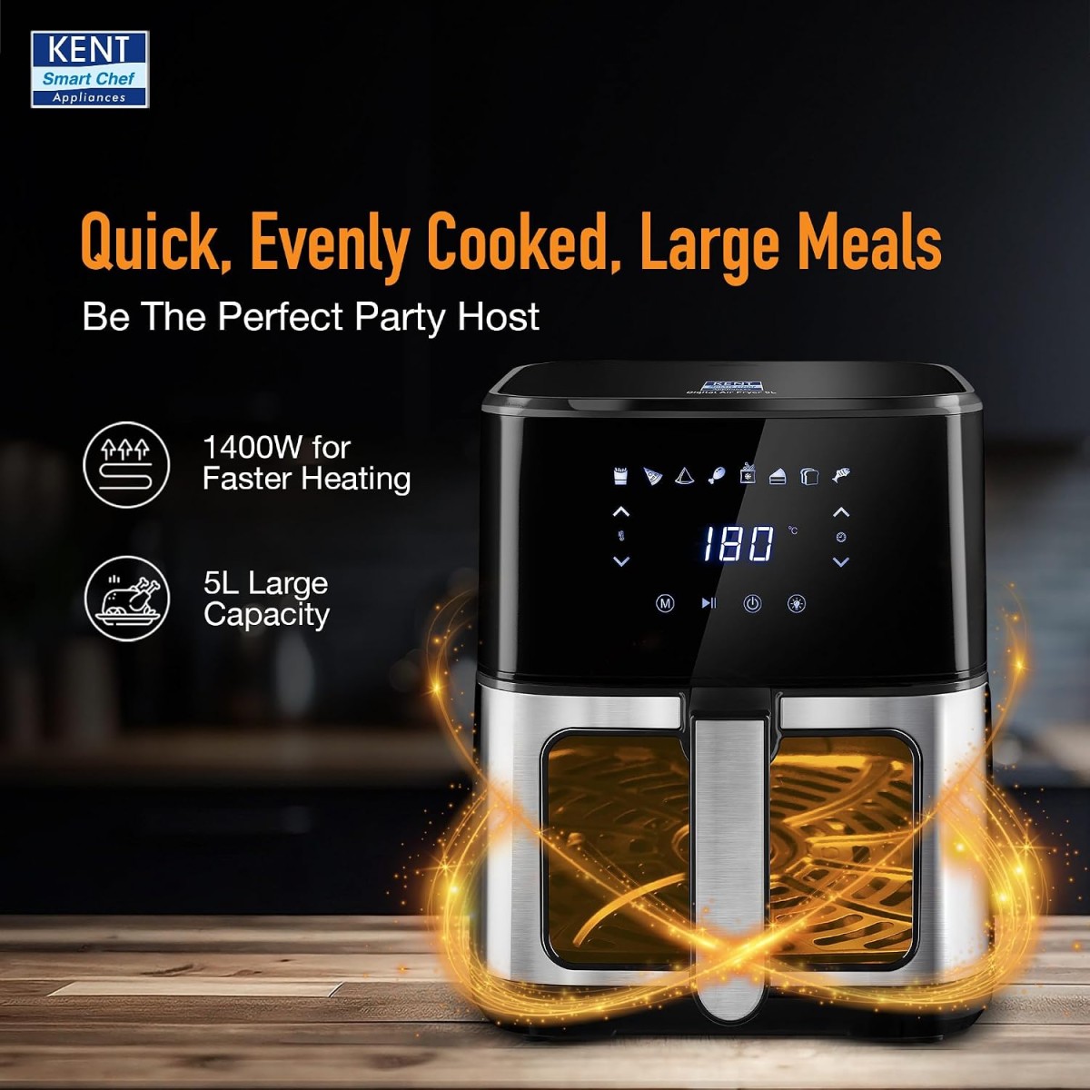 (Refurbished) KENT Digital Air Fryer 5L | 1400W | Bake, Grill & Roast | Up to 80% Less Oil Usage | 8 Preset Menu | Rapid Heat Circulation