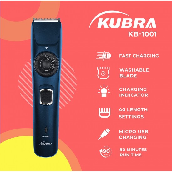 Kubra KB-1001 USB Fast charging, 90 min runtime, Adjustable 38 Length Setting, Ultra Sleek Beard Trimmer for Men (Black)