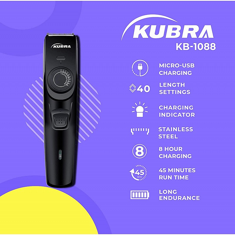 Kubra KB-1088 Hair and Beard Trimmer with USB Charging, 40 Length Setting, 45 minutes Cordless use, 1 Year Warranty (Black)