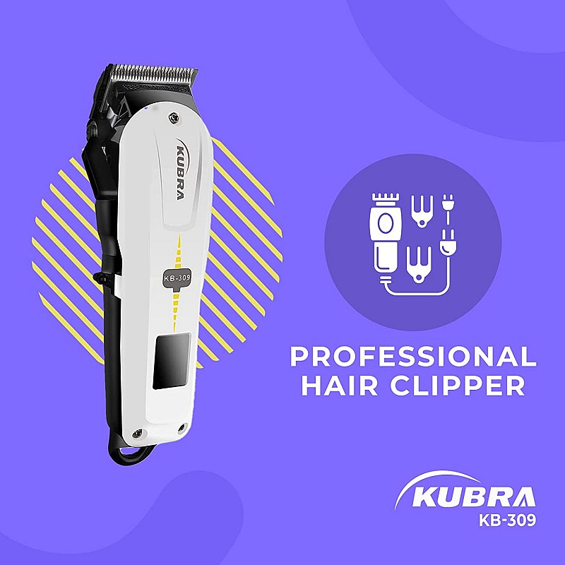 Kubra KB-309 Professional Cordless Rechargeable LED Display Hair Clipper Heavy Duty for Hair and Beard Cut (White)