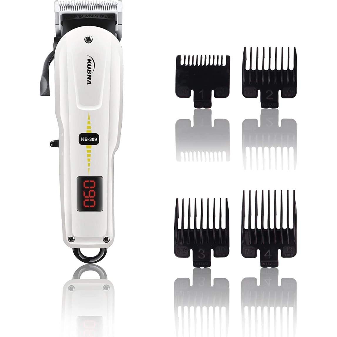 Kubra KB-309 Professional Cordless Rechargeable LED Display Hair Clipper Heavy Duty for Hair and Beard Cut (White)