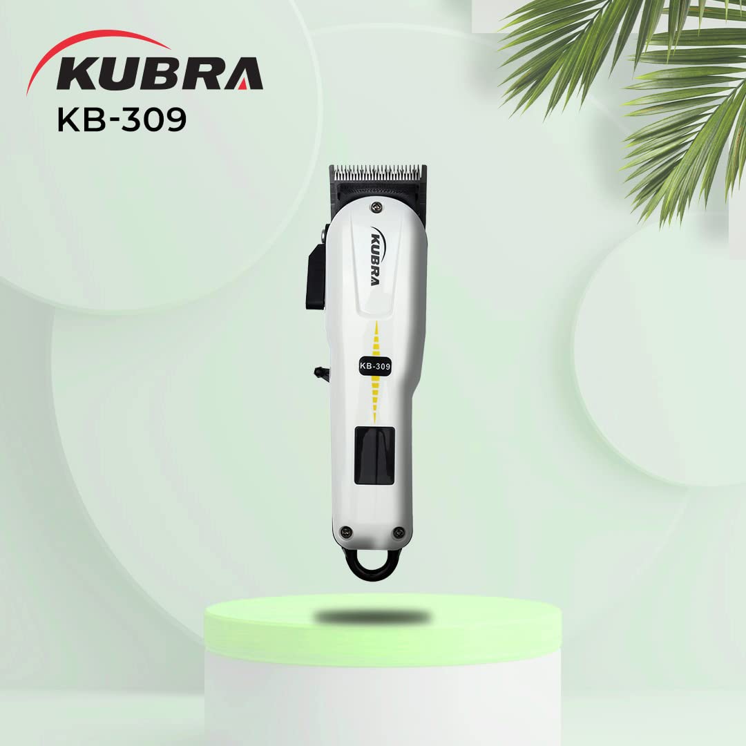 Kubra KB-309 Professional Cordless Rechargeable LED Display Hair Clipper Heavy Duty for Hair and Beard Cut (White)