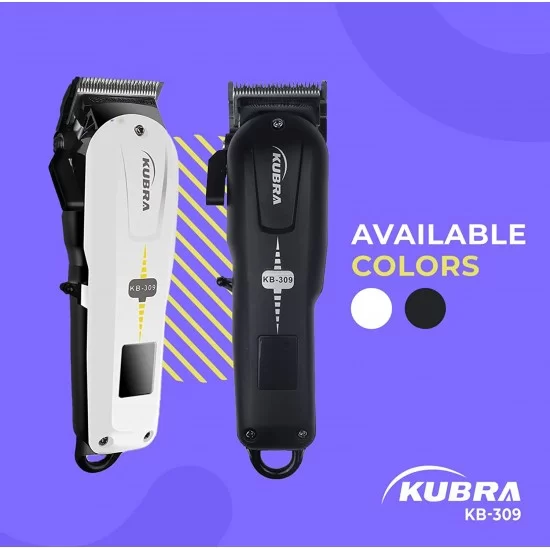 Kubra KB-309 Professional Cordless Rechargeable LED Display Hair Clipper Heavy Duty for Hair and Beard Cut (White)