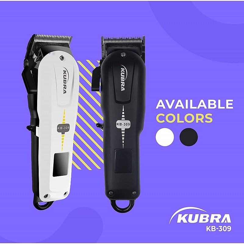 Kubra KB-309 Professional Cordless Rechargeable LED Display Hair Clipper Heavy Duty for Hair and Beard Cut (White)