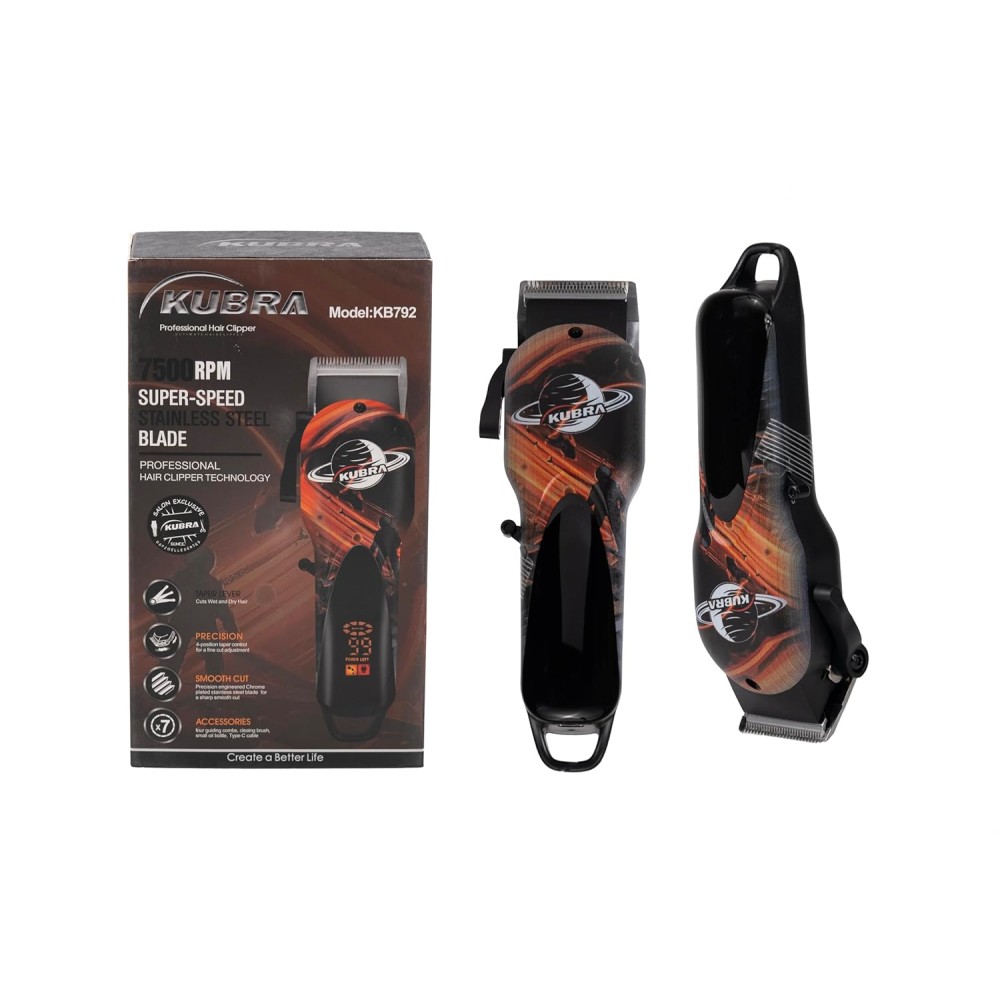 Kubra Kb - 792 Professional Battery Powered Hair Clipper For Men - Green | Beard & Body Trimmer | USB Fast Charging | Stainless Steel Self-Sharpening Blades