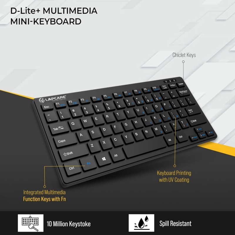 LAPCARE D-Lite Plus Wireless Keyboard with 2.4 Ghz & 10 M Bt Range &78 Keys, 8 Million Key Life, Minimalist Design,Compatible Window98, Me, 2000, Xp, Windows Vista/7/8/10,Linux (D-Lite + Blk), Black