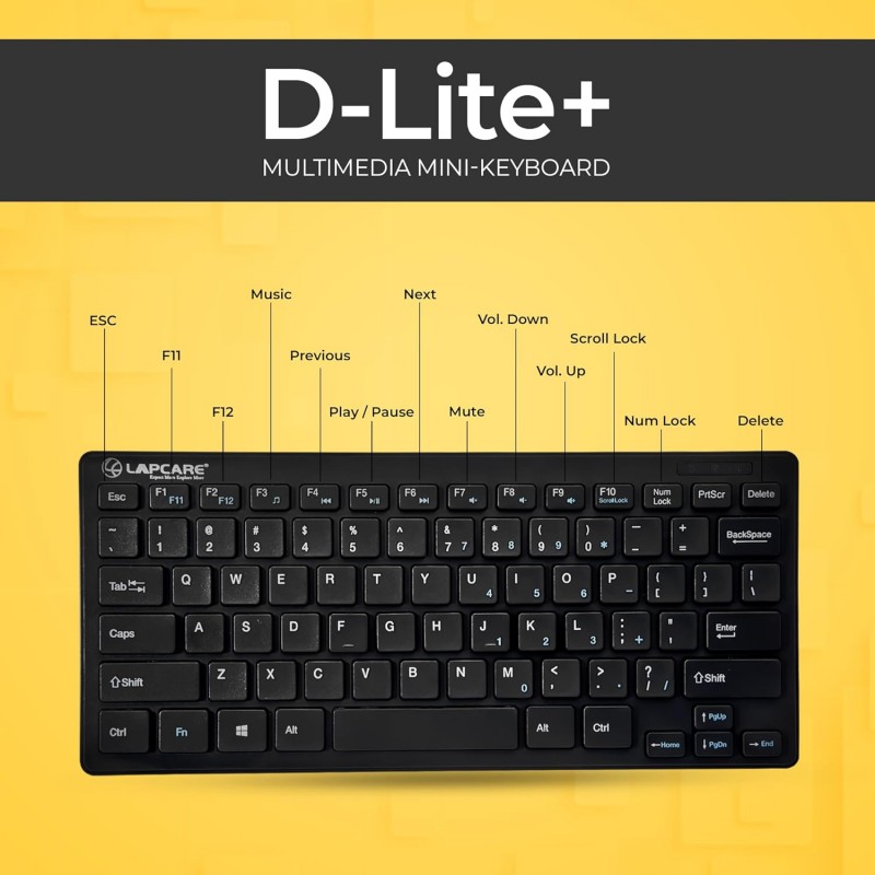 LAPCARE D-Lite Plus Wireless Keyboard with 2.4 Ghz & 10 M Bt Range &78 Keys, 8 Million Key Life, Minimalist Design,Compatible Window98, Me, 2000, Xp, Windows Vista/7/8/10,Linux (D-Lite + Blk), Black