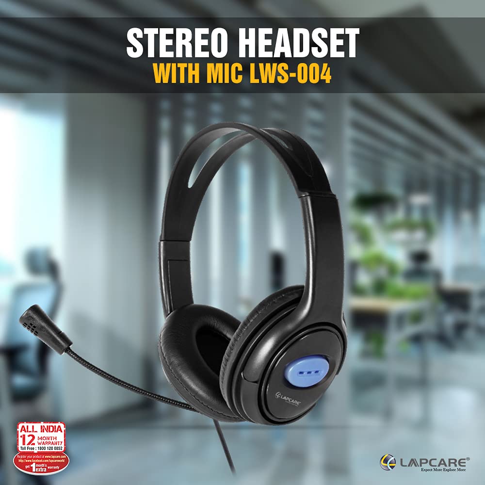 LAPCARE LWS004 Black Adjustable Headset Ideal for Gaming and Voice Recording Compatible with Computer/Mobile Phones/Xbox/PS4