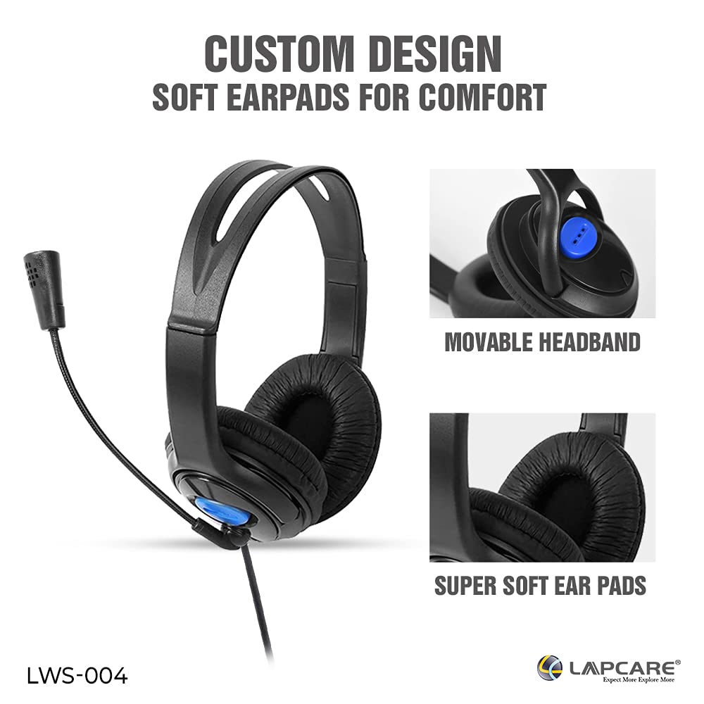 LAPCARE LWS004 Black Adjustable Headset Ideal for Gaming and Voice Recording Compatible with Computer/Mobile Phones/Xbox/PS4