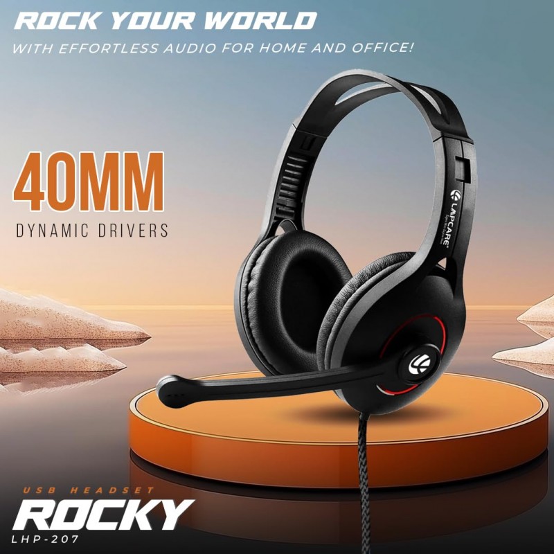 LAPCARE Rocky 20Mw USB Headset with 40Mm Drivers | Adujustable Microphone | Form Ear Pads | Super Anti-Violence, Braided PVC Main Line, Plus 1 Year Warranty (Lhp-207) - in Ear, Black