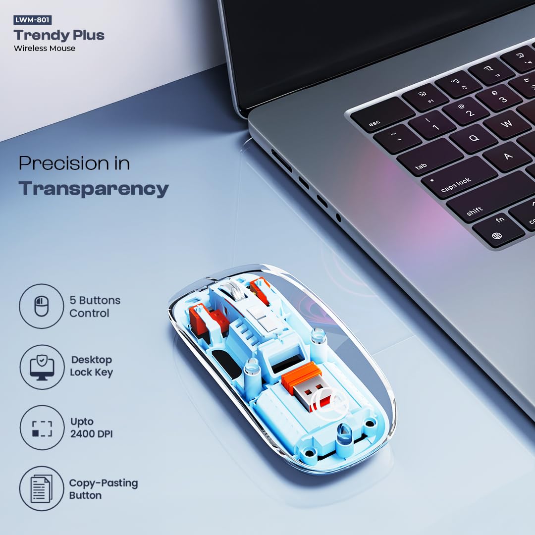 LAPCARE Trendy Plus Transparent Wireless and Bluetooth Rechargeable Mouse, USB Receiver,Desktop Lock Key