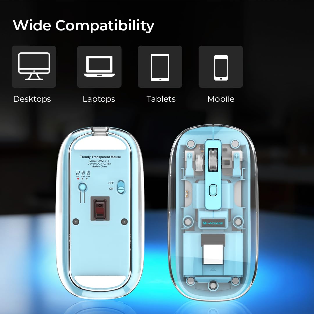 LAPCARE Trendy Rechargeable Transparent Wireless Mouse, Dual Mode (2.4GHz + Bluetooth V3.0 & V5.2), Type-C Port, Adjustable DPI Upto 2400
