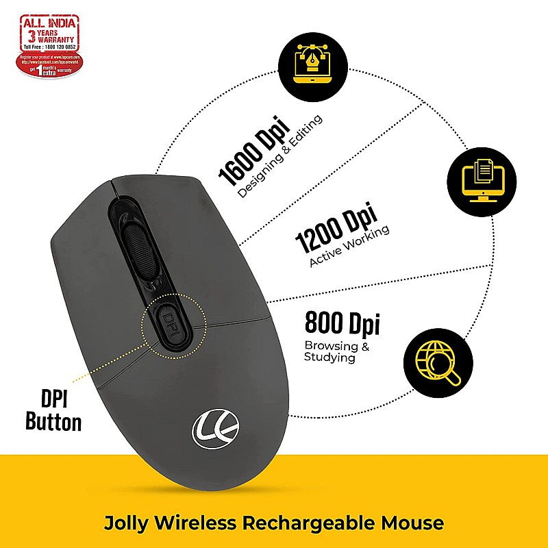 Lapcare Jolly LMW-111 Wireless Rechargeable Mouse with 4 Durable Keys and DPI Upto 1600 (Dark Grey) (LKWILD6925)-