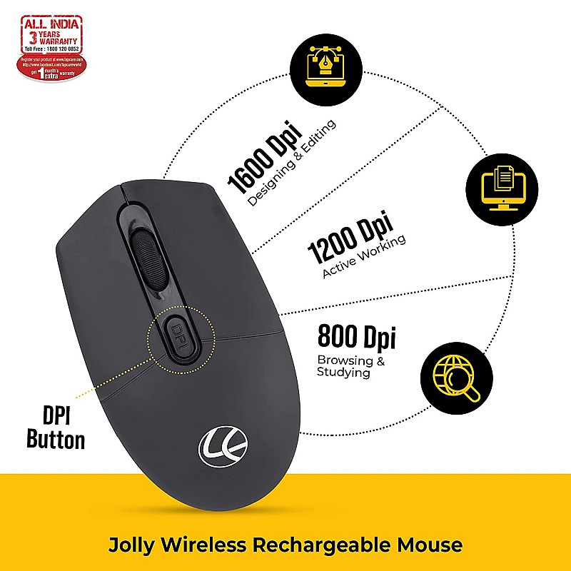 Lapcare Jolly LMW-111 Wireless Rechargeable Mouse with 4 Durable Keys and DPI Upto 1600 (Dark Grey) (LKWILD6925)-