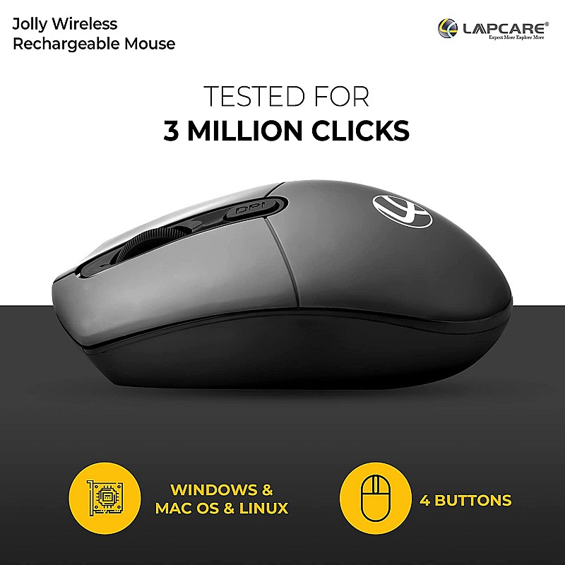 Lapcare Jolly LMW-111 Wireless Rechargeable Mouse with 4 Durable Keys and DPI Upto 1600 (Dark Grey) (LKWILD6925)-