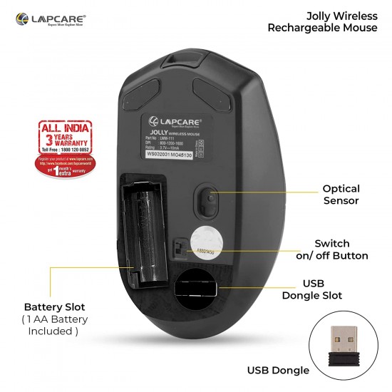 Lapcare Jolly LMW-111 Wireless Rechargeable Mouse with 4 Durable Keys and DPI Upto 1600 (Dark Grey) (LKWILD6925)-