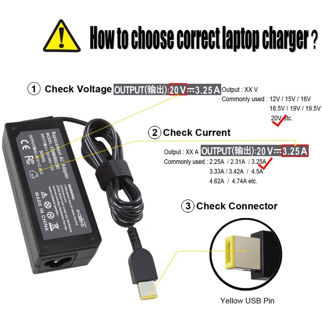 Laplife Laptops Adapter for Lenovo 65W USB Pin Adapter Charger for ThinkPad E431 E440 E460 L450 L460 No Power Cord, Yellow