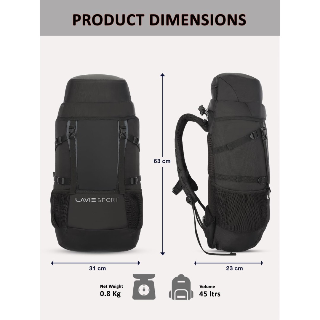 Lavie Sport Rover 48 Litres Travel Backpack | Premium Bag for Trekking, Hiking | Travel Bag for Men & Women