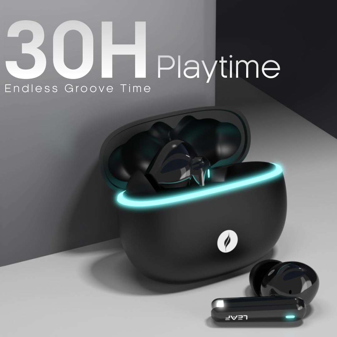 Leaf Buds X121 True Wireless Earbuds AI Sound App, 30H Playtime, Quad Mic with ENC, 50ms Low Latency, Fast Charging(10min=200min), 10mm Driver, IPX4, Bluetooth v5.4 TWS (Carbon Black)