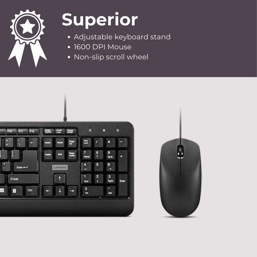 Lenovo 160 Keyboard & Mouse Wired Combo | Waterproof Exoskeleton | Splash Proof Keys | 1600 DPI Full Size Mouse | Non-Slip Scroll Wheel | Adjustable Keyboard Stand | 3 Yr Warranty Lenovo 160 Keyboard & Mouse Wired Combo | Waterproof Exoskeleton | Splash Proof Keys | 1600 DPI Full Size Mouse | Non-Slip Scroll Wheel | Adjustable Keyboard Stand | 3 Yr Warranty