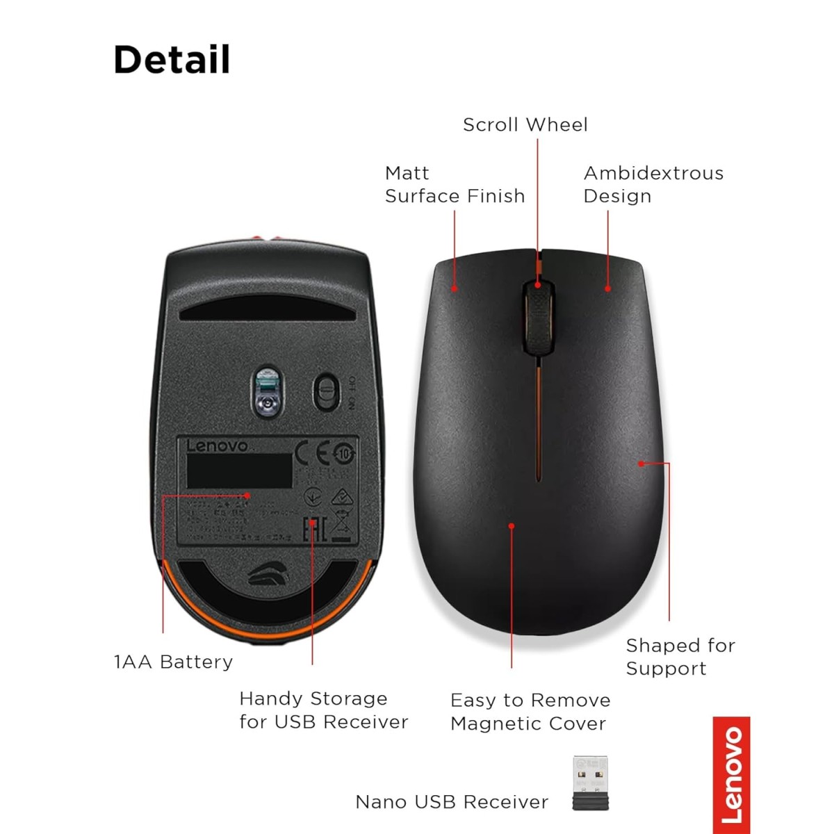 Lenovo 300 Wireless Compact Mouse, 1000 DPI Optical sensor, 2.4GHz Wireless Nano USB, 10m range, 3-button(left,right,scroll) upto 3M left/right clicks & 1yr battery, Ambidextrous, Ergonomic GX30K79401 Lenovo 300 Wireless Compact Mouse, 1000 DPI Optical sensor, 2.4GHz Wireless Nano USB, 10m range, 3-button(left,right,scroll) upto 3M left/right clicks & 1yr battery, Ambidextrous, Ergonomic GX30K79401
