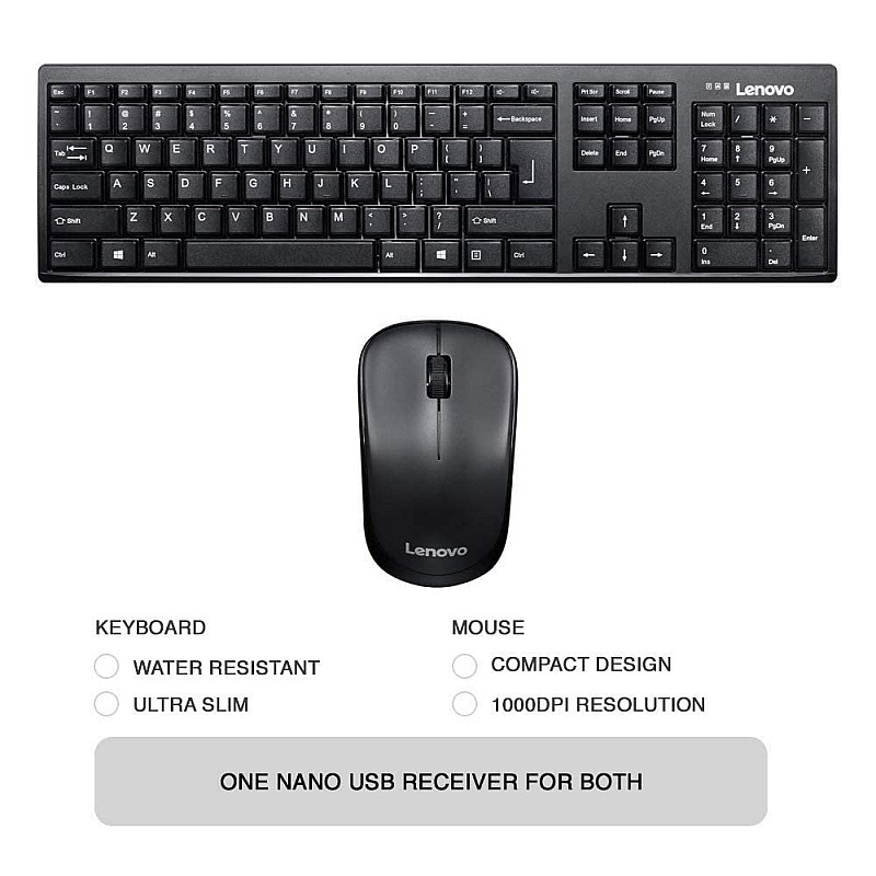 Lenovo 510 Wireless Keyboard and Mouse Set, 2.4 GHz Nano USB Receiver, Full Size, Island Key Design, Left or Right Hand, 1200 DPI Optical Mouse