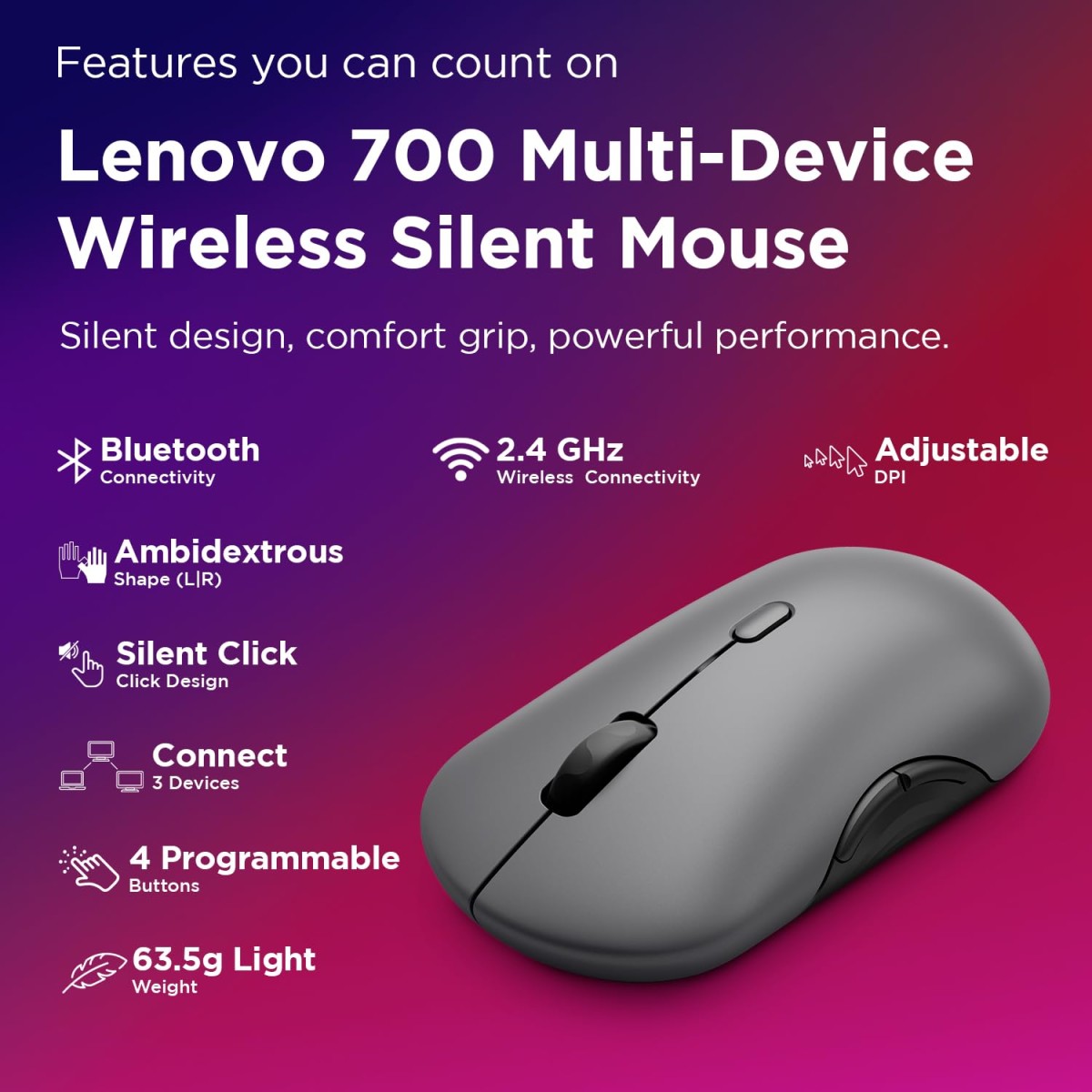 Lenovo 700 Multi-Device Wireless Silent Mouse, Bluetooth 5.3 or USB-A 2.4Ghz, Upto 5million Button clicks, 4000 DPI, Soft Touch Grip, Programmable Buttons, Dynamic Scroll Wheel, Luna Grey Lenovo 700 Multi-Device Wireless Silent Mouse, Bluetooth 5.3 or USB-A 2.4Ghz, Upto 5million Button clicks, 4000 DPI, Soft Touch Grip, Programmable Buttons, Dynamic Scroll Wheel, Luna Grey