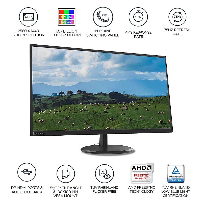 Lenovo - D32Q-20 D-Series 31.5 Inch (80Cm) 2K Qhd2560 X 1440 Pixels, Ips Monitor | 1.07 Billion Colors, 75Hz, 4Ms, Amd Freesync, Hdmi, Dp, Tilt, Vesa Wall Mount, Tuv Certified Eye Comfort, Raven Black