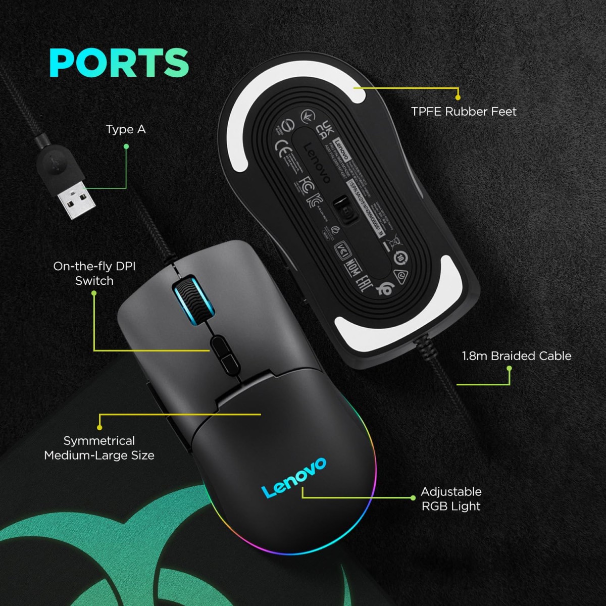 Lenovo M210 RGB Gaming Wired USB Mouse, Ambidextrous, 7-Buttons, 8000 DPI with 4 Levels DPI Switch, 3-Zone RGB Backlight, 3Year Warranty, (GY51M74265) Lenovo M210 RGB Gaming Wired USB Mouse, Ambidextrous, 7-Buttons, 8000 DPI with 4 Levels DPI Switch, 3-Zone RGB Backlight, 3Year Warranty, (GY51M74265)