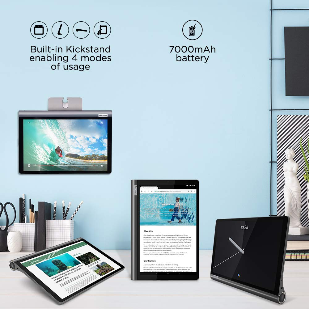Lenovo Tab Yoga Smart| 10.1 Inch Screen| 4 GB RAM, 64 GB ROM| Wi-Fi+4G LTE (with Voice Call)| IP52 Certified Tablet| Colour: Iron Grey Lenovo Tab Yoga Smart| 10.1 Inch Screen| 4 GB RAM, 64 GB ROM| Wi-Fi+4G LTE (with Voice Call)| IP52 Certified Tablet| Colour: Iron Grey